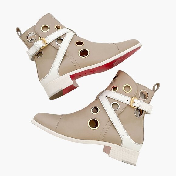 Christian Louboutin Scubabootie Boot EU 37 US 7 Beige Tan Grommet Flat Bootie - Picture 7 of 14